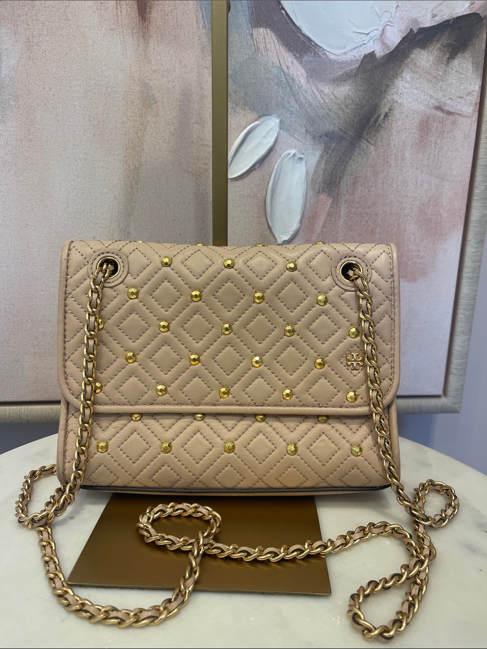 Tory Burch Quilted Studded Chain Shoulder Bag — Blush Pink